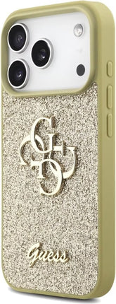 كفر جيس (Guess) بريق "Glitter" مع شعار 4G المعدني الكبير للايفون 17 برو و17 برو ماكس - ذهبي