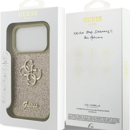 كفر جيس (Guess) بريق "Glitter" مع شعار 4G المعدني الكبير للايفون 17 برو و17 برو ماكس - ذهبي