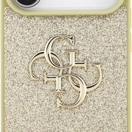 كفر جيس (Guess) بريق "Glitter" مع شعار 4G المعدني الكبير للايفون 17 برو و17 برو ماكس - ذهبي