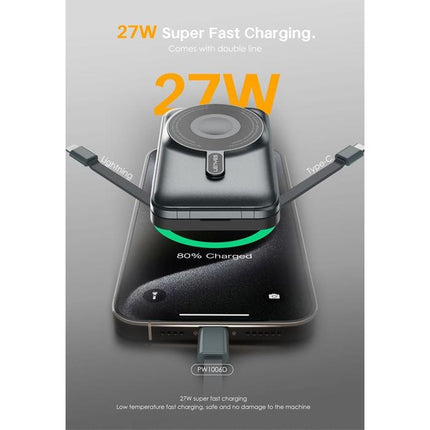 Lenyes PW1006D Magnetic Wireless Power Bank - 10000mAh - PD 27W Fast Charging - 15W MagSafe Compatible Wireless Charging - Built-in Phone Stand - Digital Display - Black