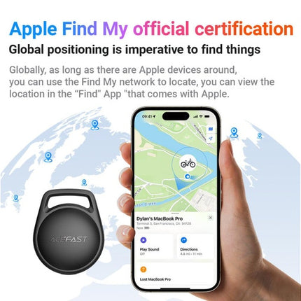 Acefast T8 Smart Bluetooth Tracker, Apple Find My Compatible (MFi), Anti-Lost Key Finder & Bag Tracker, Global Positioning & Siri Support - Black