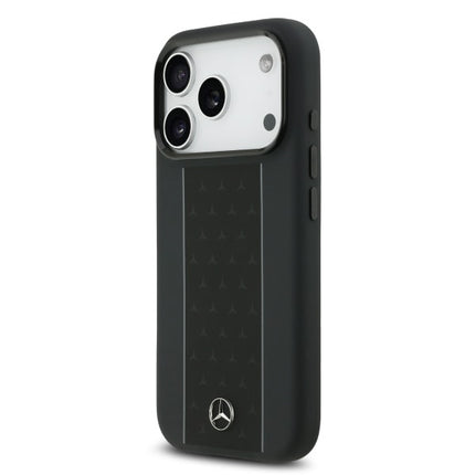 كفر مرسيدس بنز (Mercedes-Benz) جلد طبيعي مخرم مع شعار النجمة المعدني للايفون 17 برو و17 برو ماكس - حماية فاخرة وتصميم رسمي - أسود