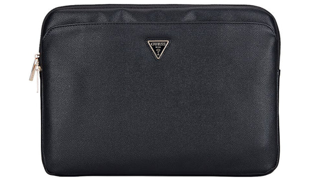 Guess 14-Inch Grained PU Leather Laptop Sleeve with Metallic Logo - Black