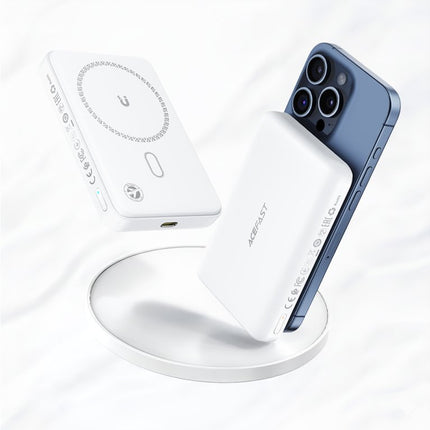 بنك طاقة أيس فاست (Acefast M26) مغناطيسي لاسلكي MagSafe سعة 10000 مللي أمبير، شحن سريع بقوة 20W PD، تصميم شفاف مع شاشة رقمية LED ومنفذ Type-C - أبيض