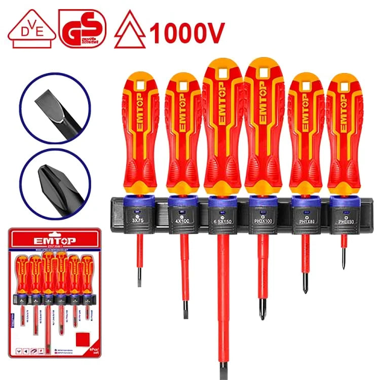 طقم مفكات كهربائي معزول مكون من 6 قطع EMTOP ESSTJS061 طقم مفكات كهربائي معزول مكون من 6 قطع EMTOP ESSTJS061