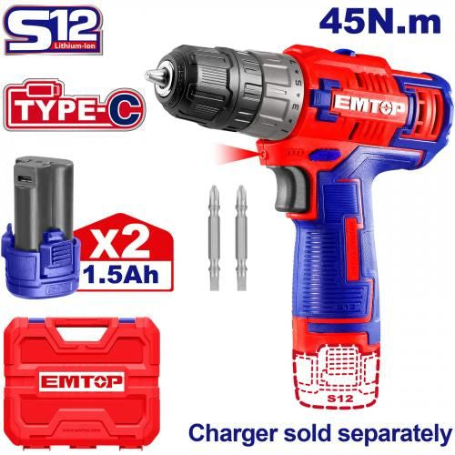 EMTOP 12V Lithium-Ion Cordless Drill with 2 Batteries and Plastic Case
