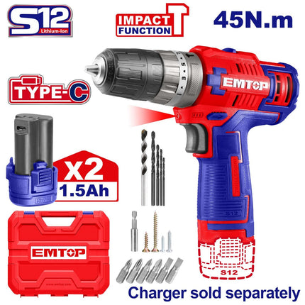 EMTOP 12V Lithium-Ion Cordless Impact Drill