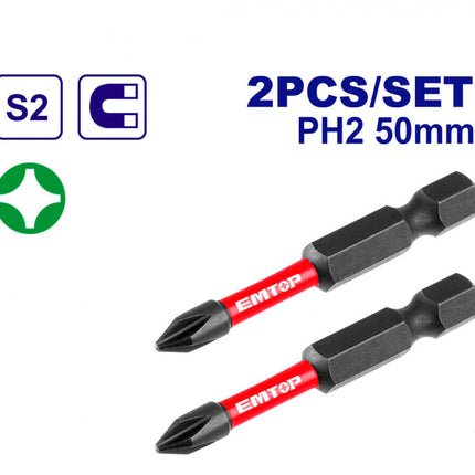 EMTOP High Impact Magnetic Screwdriver Bits Set - PH2 × 50mm