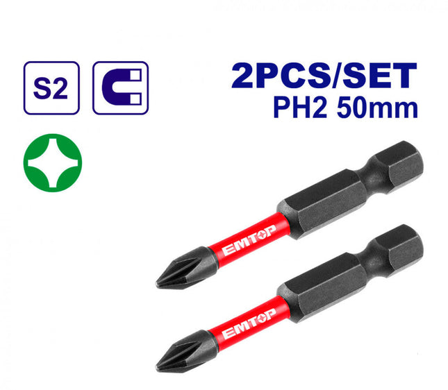 EMTOP High Impact Magnetic Screwdriver Bits Set - PH2 × 50mm
