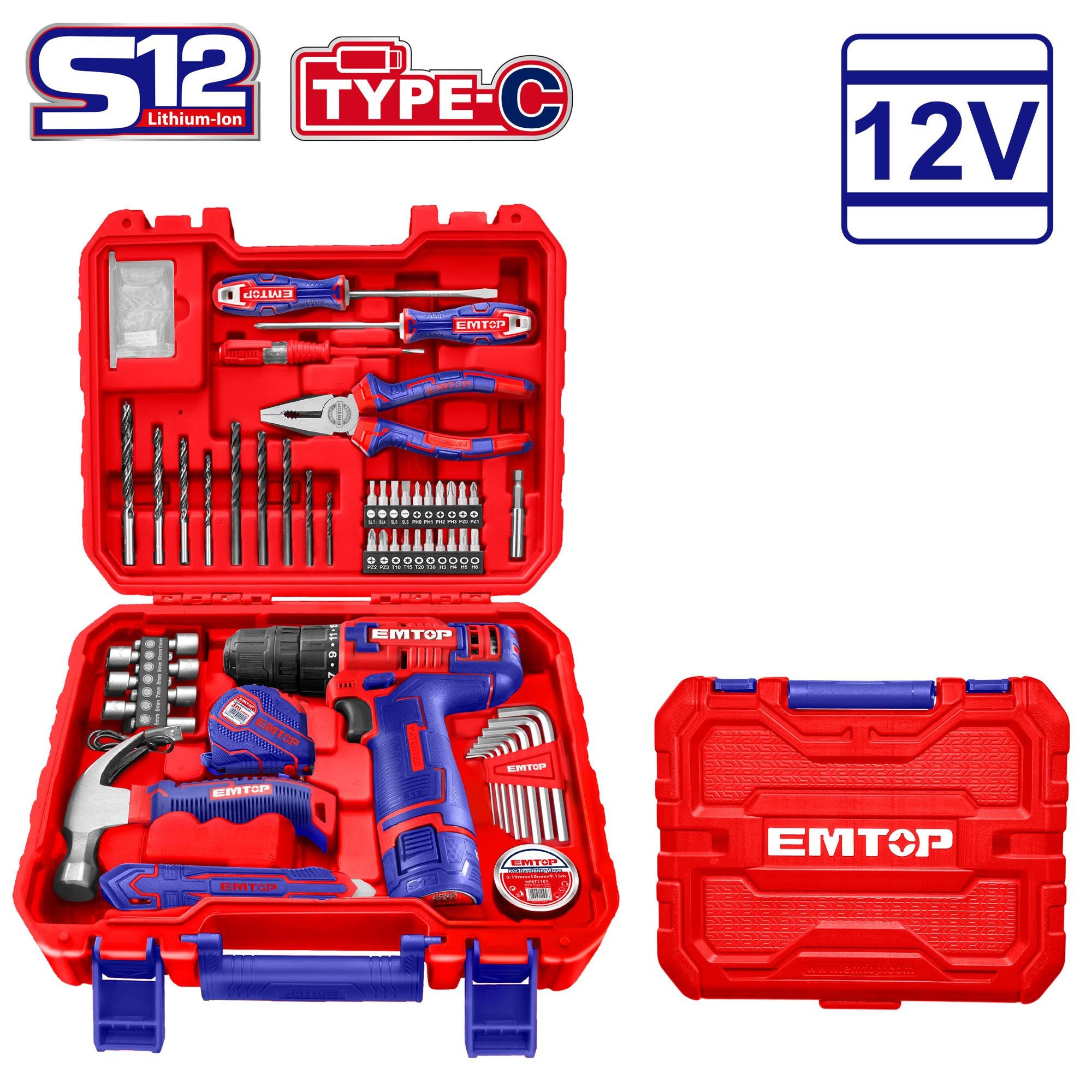 EMTOP 96-Piece Household Tool Set with 12V Cordless Drill EMTOP 96-Piece Household Tool Set with 12V Cordless Drill