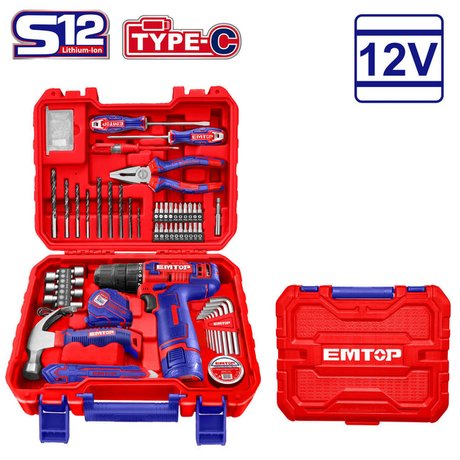 EMTOP 96-Piece Household Tool Set with 12V Cordless Drill