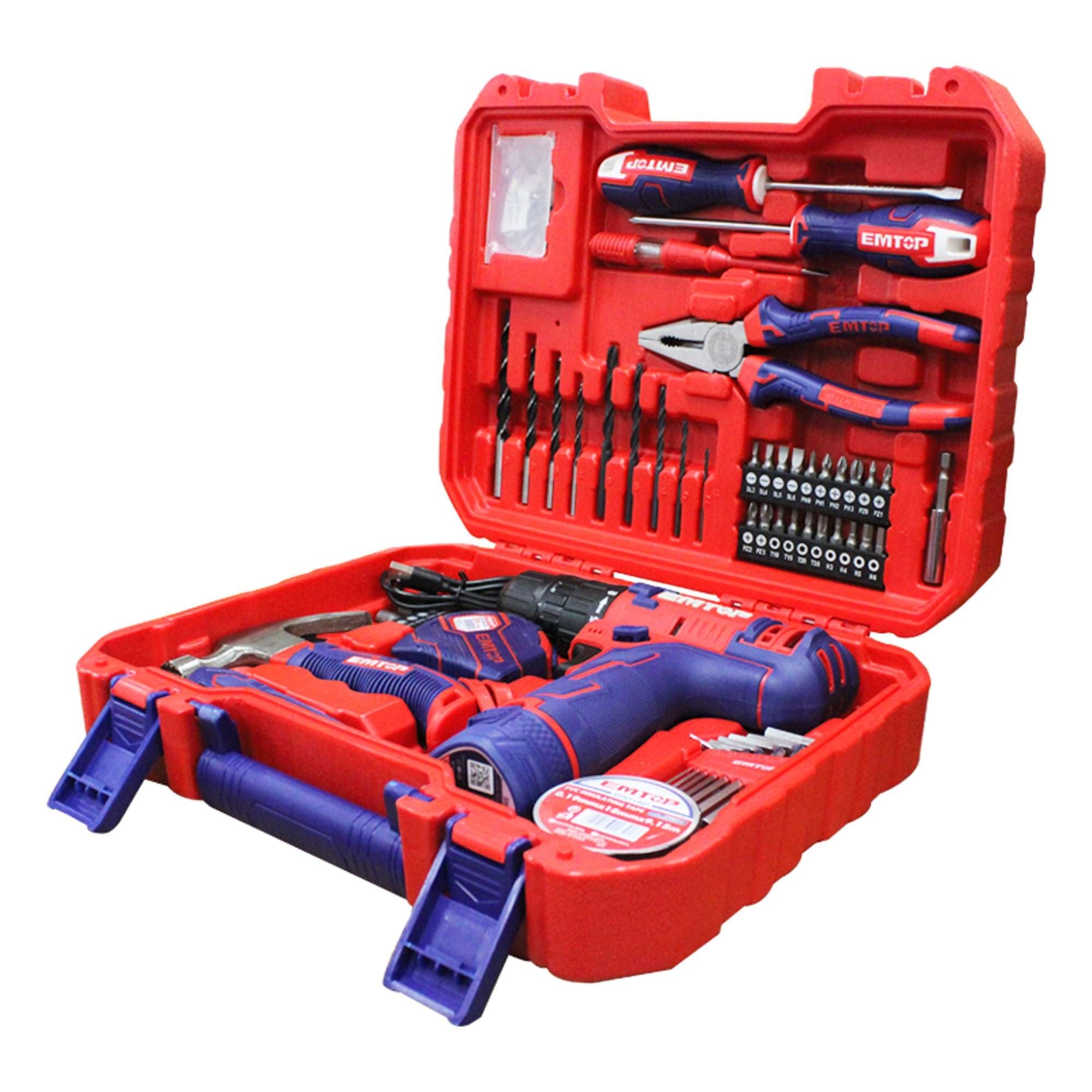 EMTOP 96-Piece Household Tool Set with 12V Cordless Drill EMTOP 96-Piece Household Tool Set with 12V Cordless Drill