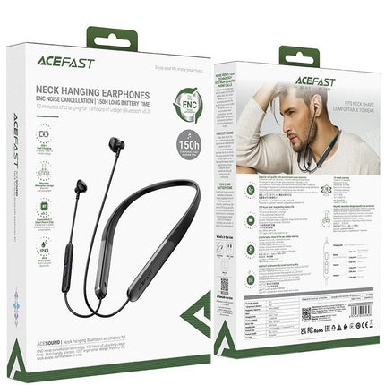 سماعة أيس فاست (Acefast N1) لاسلكية حول الرقبة مع ميزة تقليل ضوضاء المكالمات (ENC)، صوت ستيريو HiFi وبطارية تدوم حتى 20 ساعة - أسود