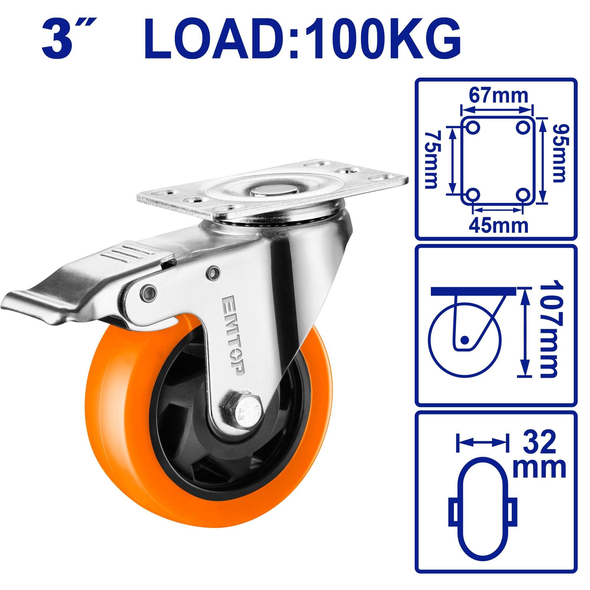 EMTOP EMJL2333 3inch Swivel Caster Wheel with Brake – Orange EMTOP EMJL2333 3inch Swivel Caster Wheel with Brake – Orange