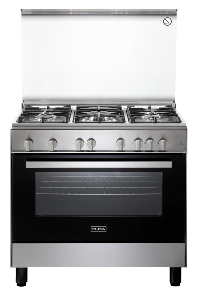 Elba Gas Cooker 90 cm Stainless Steel Cast iron pan supports 5 gas burners Full Safety with Fan
