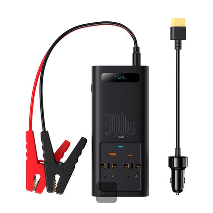 محول طاقة للسيارة باسوس (Baseus) بقوة 300 واط - من DC 12V/24V إلى AC 220V - موجة جيبية نقية (Pure Sine Wave) - منفذين كهرباء AC - منافذ شحن سريع USB-C و USB-A - شاشة رقمية - حماية أمان متكاملة