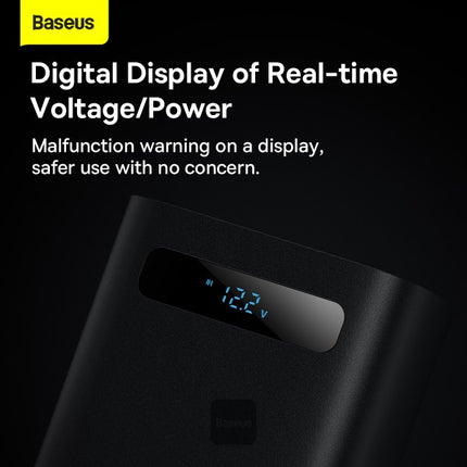 محول طاقة للسيارة باسوس (Baseus) بقوة 300 واط - من DC 12V/24V إلى AC 220V - موجة جيبية نقية (Pure Sine Wave) - منفذين كهرباء AC - منافذ شحن سريع USB-C و USB-A - شاشة رقمية - حماية أمان متكاملة