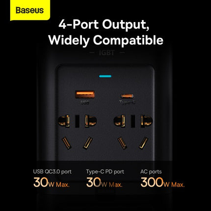 محول طاقة للسيارة باسوس (Baseus) بقوة 300 واط - من DC 12V/24V إلى AC 220V - موجة جيبية نقية (Pure Sine Wave) - منفذين كهرباء AC - منافذ شحن سريع USB-C و USB-A - شاشة رقمية - حماية أمان متكاملة