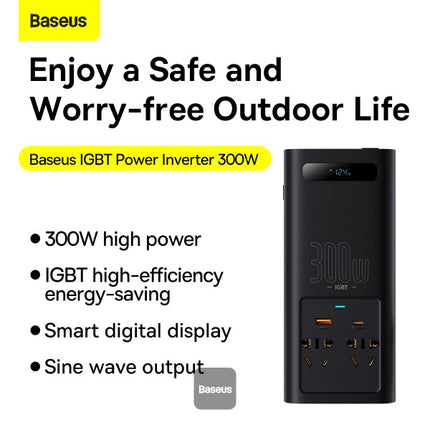 محول طاقة للسيارة باسوس (Baseus) بقوة 300 واط - من DC 12V/24V إلى AC 220V - موجة جيبية نقية (Pure Sine Wave) - منفذين كهرباء AC - منافذ شحن سريع USB-C و USB-A - شاشة رقمية - حماية أمان متكاملة