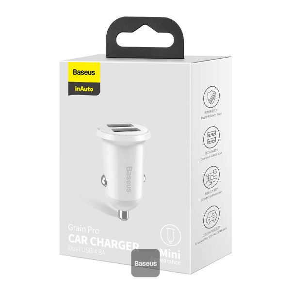 شاحن سيارة باسوس جرين برو (Baseus Grain Pro) - منفذ USB مزدوج - قوة 4.8 أمبير - تصميم صغير جداً (Mini) شاحن سيارة باسوس جرين برو (Baseus Grain Pro) - منفذ USB مزدوج - قوة 4.8 أمبير - تصميم صغير جداً (Mini)