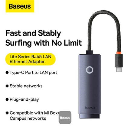 محول شبكة باسوس لايت سيريس (Baseus Lite Series) من Type-C إلى RJ45 - منفذ إيثرنت LAN - اتصال شبكة سلكي عالي السرعة ومستقر - تشغيل مباشر دون تعريف - هيكل من سبيكة الألمنيوم - متوافق مع اللابتوب، التابلت، ونينتندو سويتش