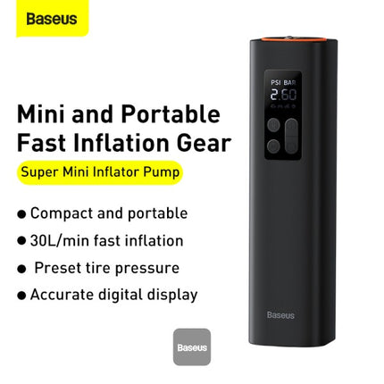 مضخة هواء باسوس سوبر ميني (Baseus Super Mini) - ضاغط هواء محمول للإطارات - شاشة رقمية ذكية لعرض الضغط - ميزة الإيقاف التلقائي - محرك طاقة عالي السرعة - منفاخ طوارئ مدمج للسيارات والدراجات
