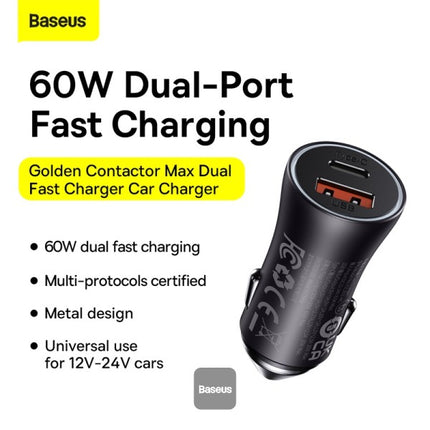 Baseus Golden Contactor Max Dual Fast Car Charger - 60W Total Output - USB-C and USB-A Ports - All-Metal Body - Smart Power Management - Soft LED Indicator - Universal Compatibility for 12V-24V Vehicles