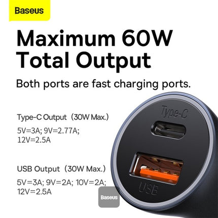 Baseus Golden Contactor Max Dual Fast Car Charger - 60W Total Output - USB-C and USB-A Ports - All-Metal Body - Smart Power Management - Soft LED Indicator - Universal Compatibility for 12V-24V Vehicles