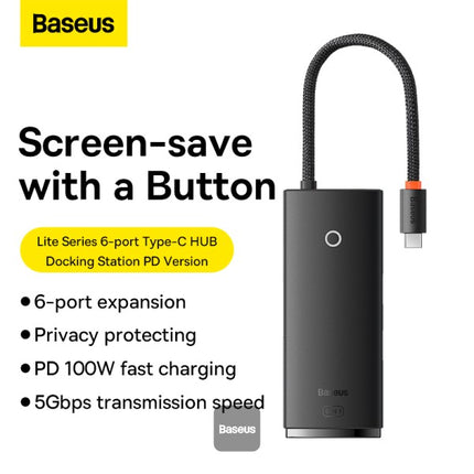 Baseus Lite Series 6-Port Type-C Multifunctional Hub - 4K HDMI Output - 2x USB 3.0 High-Speed Ports - 100W USB-C PD Charging - SD and TF Card Reader - Plug and Play - Compact Lightweight Design