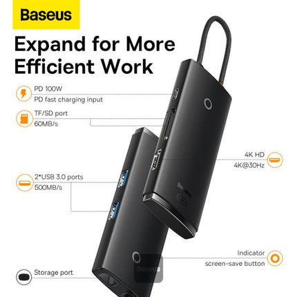 Baseus Lite Series 6-Port Type-C Multifunctional Hub - 4K HDMI Output - 2x USB 3.0 High-Speed Ports - 100W USB-C PD Charging - SD and TF Card Reader - Plug and Play - Compact Lightweight Design
