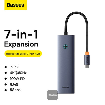 محطة إرساء باسوس فلايت (Baseus Flite Series) بـ 7 منافذ - محول USB-C إلى HDMI بدقة 4K تردد 60 هيرتز - شحن سريع PD بقوة 100 واط - نقل بيانات فائق السرعة USB 3.0 - قارئ بطاقات SD و TF