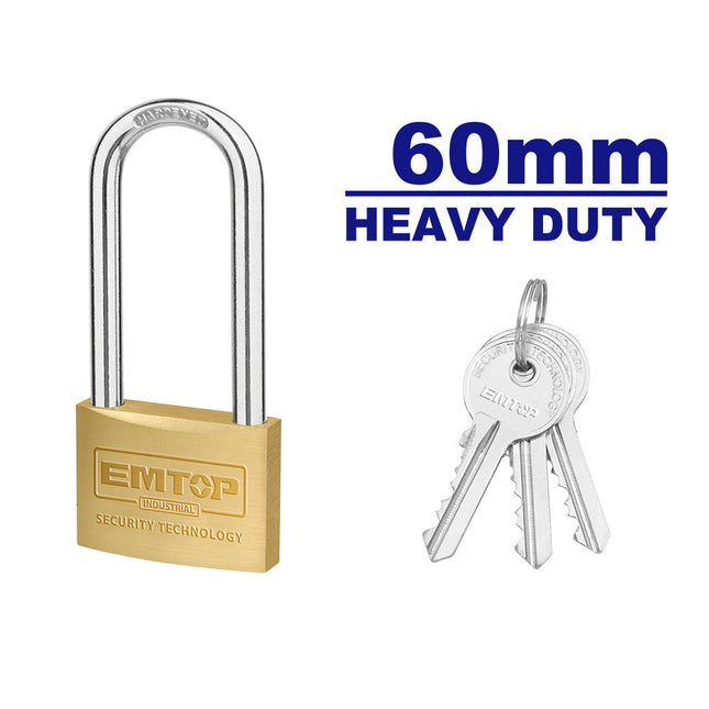 EMTOP EPDKB6021L  60mm Brass Padlock with Long Shackle