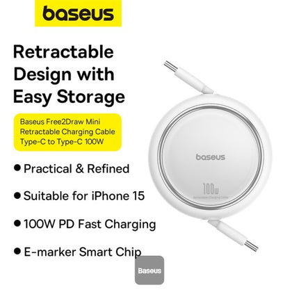 Baseus Free2Draw Mini Retractable USB-C to USB-C Cable - 100W Power Delivery Fast Charging - Adjustable Length Dual-Way Pulling - Ultra Compact Portable Design - 1 Meter