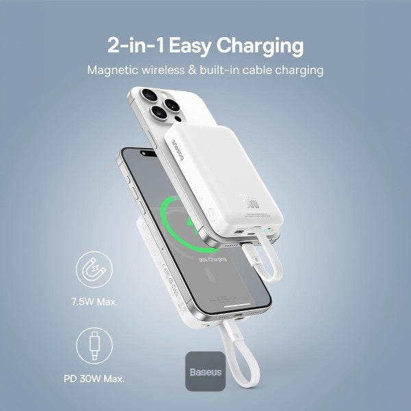 باور بانك مغناطيسي باسوس ميني (Baseus Magnetic Mini) - سعة 10,000 مللي أمبير - قوة 30 واط شحن سريع - كابل Type-C مدمج - متوافق مع ماج سيف (MagSafe) باور بانك مغناطيسي باسوس ميني (Baseus Magnetic Mini) - سعة 10,000 مللي أمبير - قوة 30 واط شحن سريع - كابل Type-C مدمج - متوافق مع ماج سيف (MagSafe)