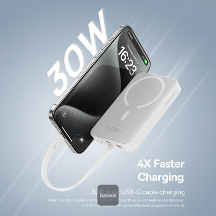 باور بانك مغناطيسي باسوس ميني (Baseus Magnetic Mini) - سعة 10,000 مللي أمبير - قوة 30 واط شحن سريع - كابل Type-C مدمج - متوافق مع ماج سيف (MagSafe)