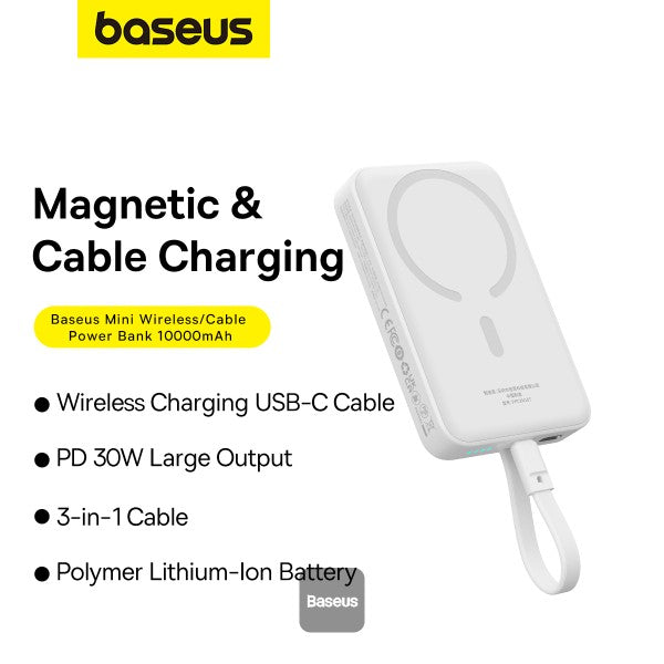 باور بانك مغناطيسي باسوس ميني (Baseus Magnetic Mini) - سعة 10,000 مللي أمبير - قوة 30 واط شحن سريع - كابل Type-C مدمج - متوافق مع ماج سيف (MagSafe) باور بانك مغناطيسي باسوس ميني (Baseus Magnetic Mini) - سعة 10,000 مللي أمبير - قوة 30 واط شحن سريع - كابل Type-C مدمج - متوافق مع ماج سيف (MagSafe)