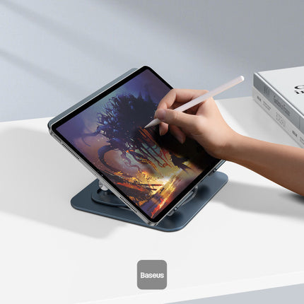 مسند مكتب باسوس (Baseus) قابل للطي للابتوب والآيباد - قاعدة قابلة للدوران 360 درجة - تصميم ثلاثي الطيات قابل للتعديل - زوايا رؤية مريحة - هيكل ألومنيوم متين وحماية سيليكون