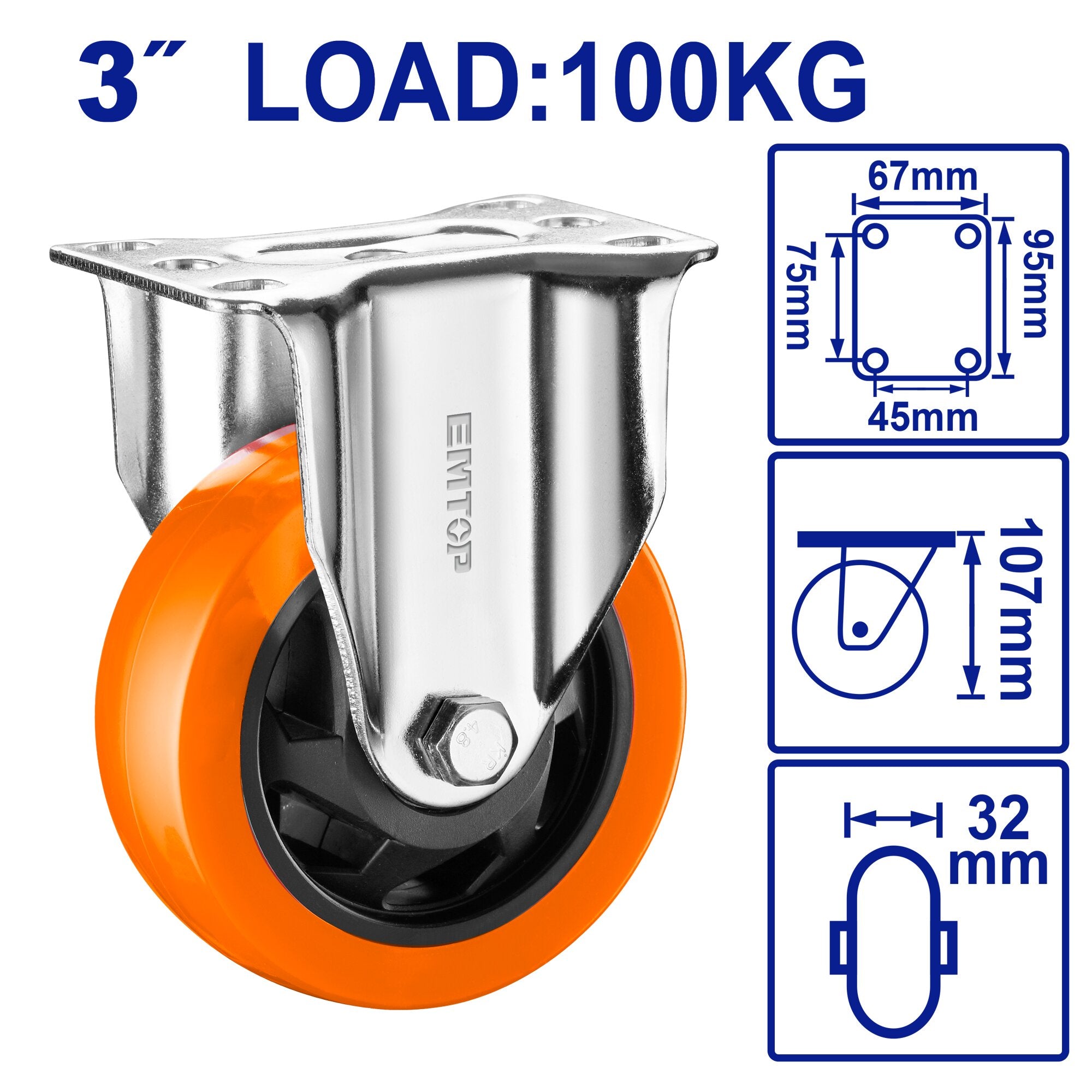 EMTOP EMJL2331 3inch Fixed Base Caster Wheel – Orange EMTOP EMJL2331 3inch Fixed Base Caster Wheel – Orange