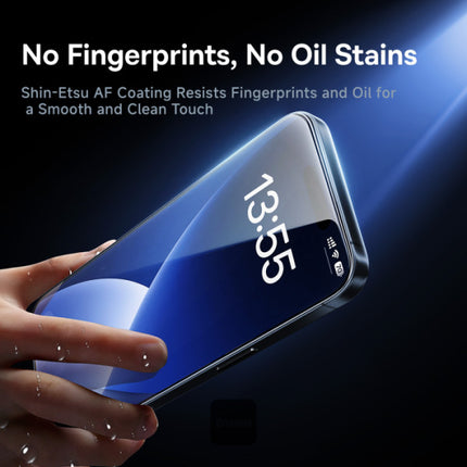 لاصق حماية باسوس (Baseus Sapphire Series) لهاتف iPhone 16 Pro & Pro Max- تغطية كاملة - فلتر غبار مدمج - مع أداة تركيب سهلة - وضوح HD عالي