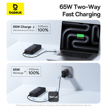 باور بانك باسوس فري تو بول (Baseus Free2Pull) - سعة 20,000 مللي أمبير - قوة 65 واط - كابل Type-C مدمج وقابل للسحب - شاشة رقمية - شحن سريع للابتوب والموبايل