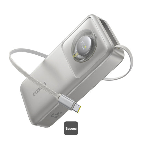Baseus Free2Pull Fast Charge Power Bank - 20,000mAh Capacity - 65W Power Delivery - Built-in Retractable USB-C Cable - Digital Display - High Power for Laptops & Smartphones