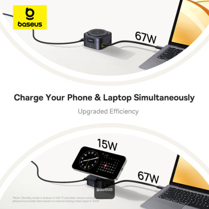 قاعدة شحن باسوس بيكو جو (Baseus PicoGo) المغناطيسية 2 في 1 - شحن لاسلكي Qi2 بقوة 15 واط - كابل Type-C مدمج وقابل للسحب بقوة 67 واط - شحن سريع للآيفون واللابتوب