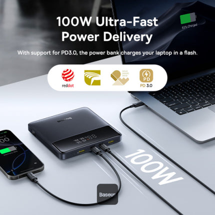 Baseus Blade H1 Lite 100W Laptop Power Bank - 20000mAh Capacity - Ultra-Slim Design - 4 Ports (2 USB-C + 2 USB-A) - Digital HD Display - Includes Type-C Cable - Black