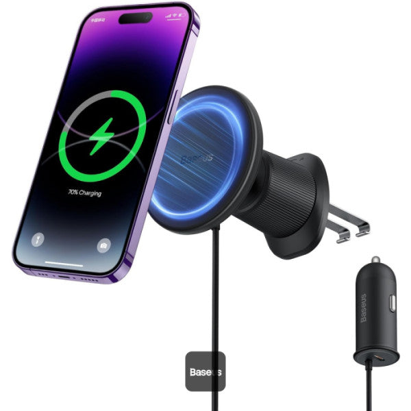 Baseus CW01 Magnetic Wireless Car Charger and Phone Holder - 15W MagSafe Fast Charging - Integrated 25W USB-C Car Charger - 360 Degree Air Vent Mount - Ambient Lighting - Secure Magnetic Grip for iPhone