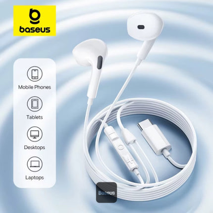 سماعات أذن باسوس (Baseus CZ19) بمنفذ USB-C - صوت Hi-Fi عالي النقاء - ميكروفون مدمج وتحكم في مستوى الصوت - تصميم مريح - أبيض