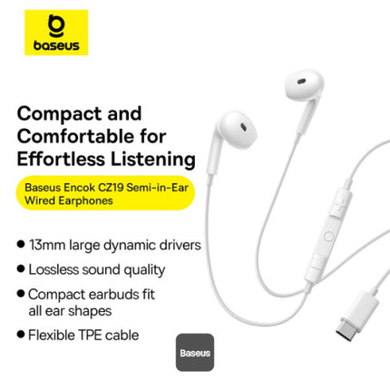 سماعات أذن باسوس (Baseus CZ19) بمنفذ USB-C - صوت Hi-Fi عالي النقاء - ميكروفون مدمج وتحكم في مستوى الصوت - تصميم مريح - أبيض