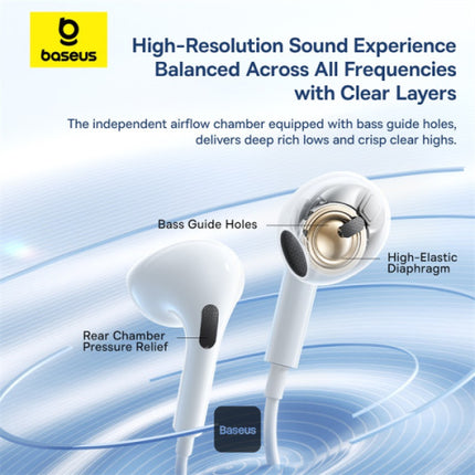سماعات أذن باسوس (Baseus CZ19) بمنفذ USB-C - صوت Hi-Fi عالي النقاء - ميكروفون مدمج وتحكم في مستوى الصوت - تصميم مريح - أبيض
