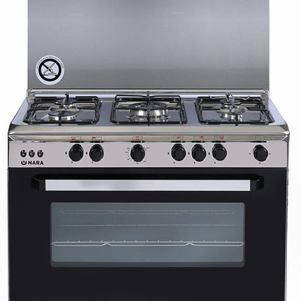 Nara Gas Cooker 90 cm Full Safety Silver color with black glass