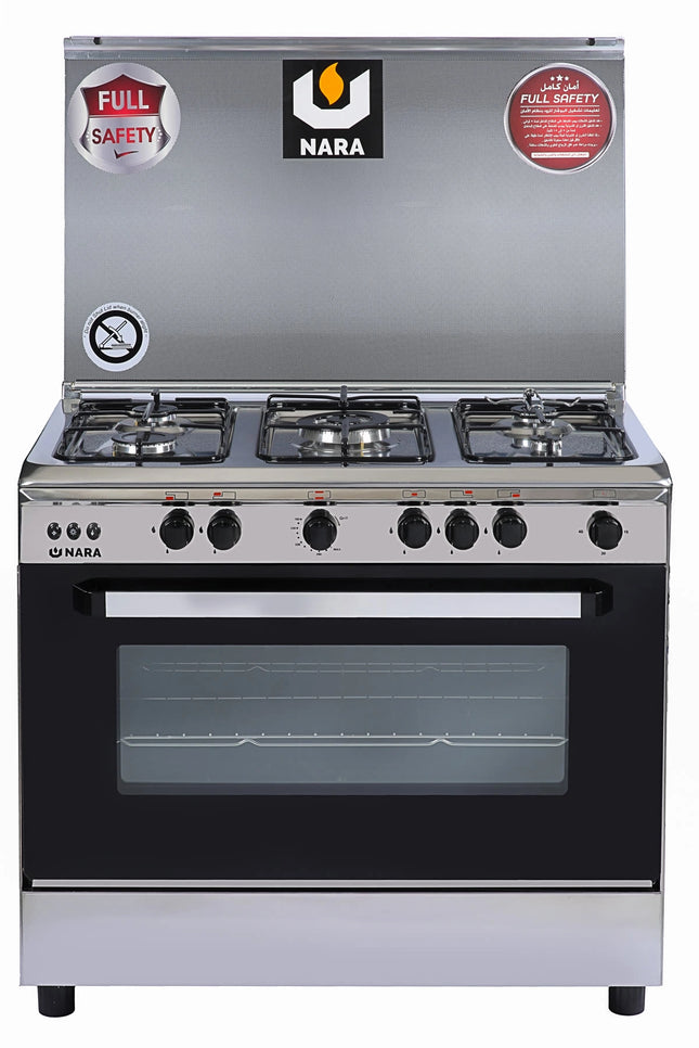 Nara Gas Cooker 90 cm Full Safety Silver color with black glass
