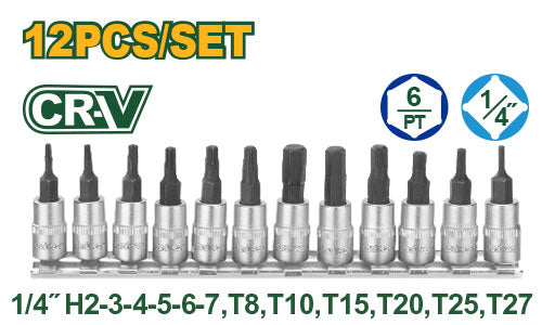 JADEVER 12‑Piece ¼″ Bit Socket Set (Hex & Torx)